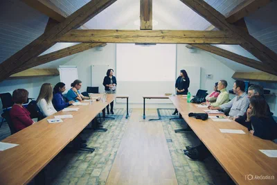 Participants sit along two wooden tables as a presenter addresses the group beneath exposed beams in a bright, intimate conference room.